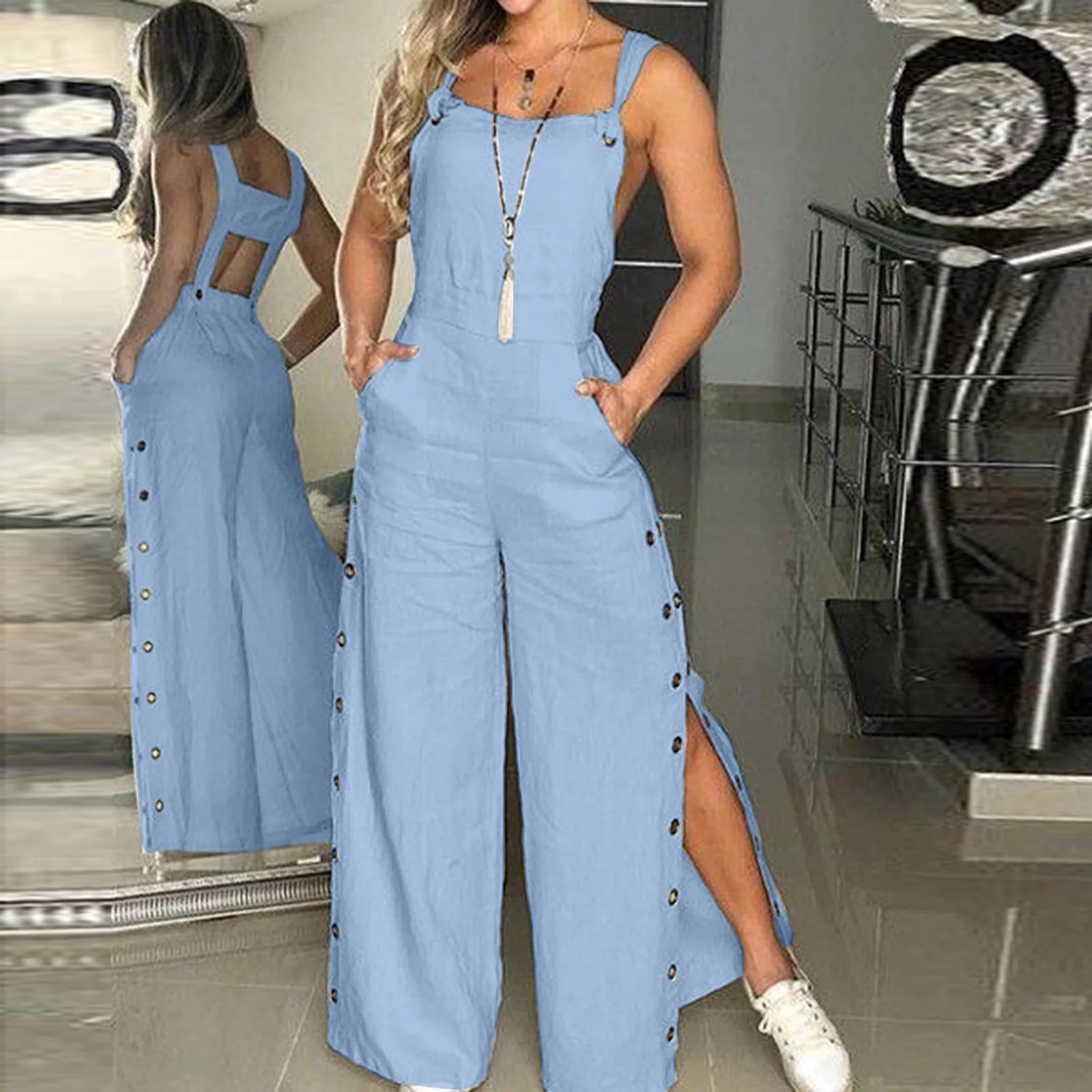 Vintage Spaghetti Strap Button Jumpsuit